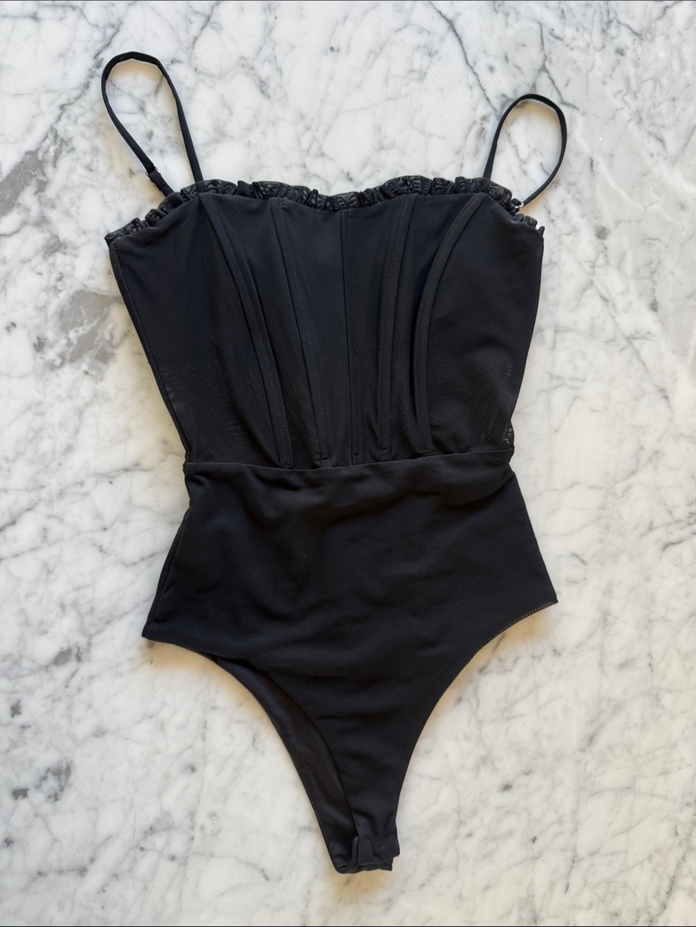 Princess Polly black bodysuit with boning and sheer waist. Size 2